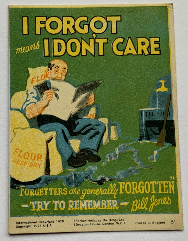 1928 Propaganda card by Parker Halladay USA I forgot means I dont care